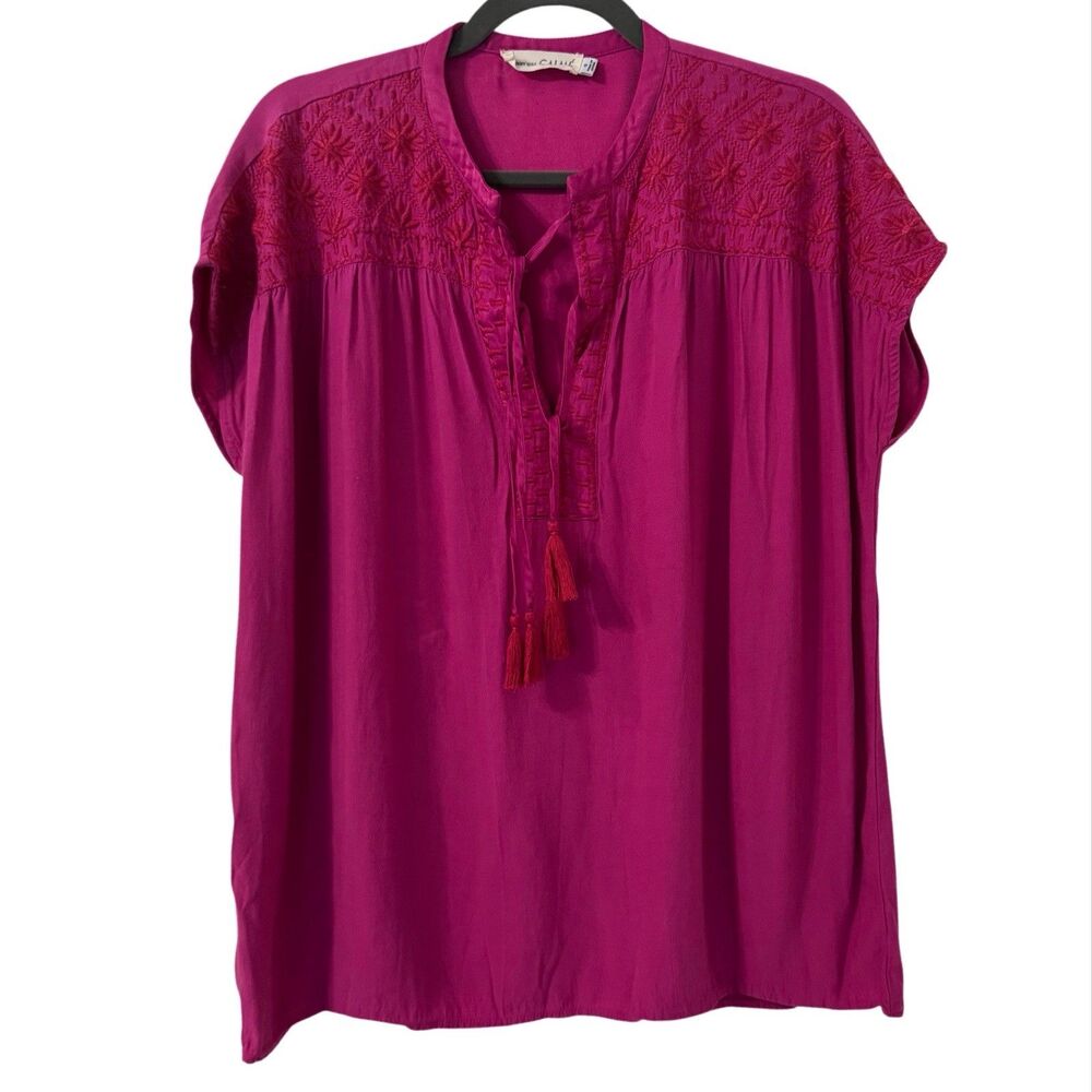 Johnny Was Calme Boho Embroidered Top Small Pink Double Tassel Boho Vacation